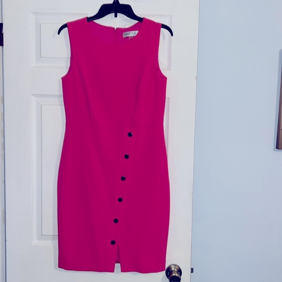 Kasper Hot Pink Snap Design Sleeveless Lined Sheath Dress - Picture 5 of 11